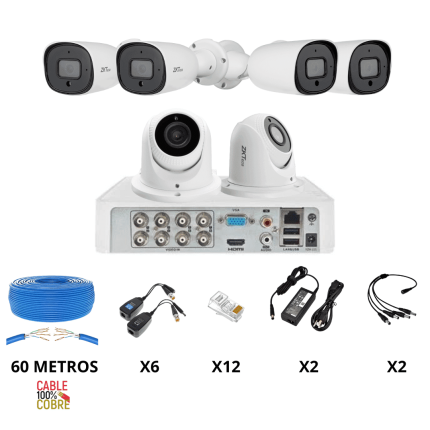 KIT 6 CAMARAS - 4 CAMARAS BULLET - 2 CAMARAS DOMO - 5MP - SIN DISCO DURO