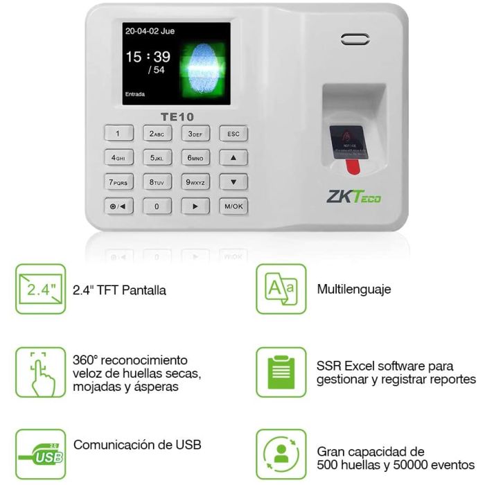 CONTROL DE ASISTENCIA ZKTECO TE10 - HUELLA - TECLADO - Imagen 2